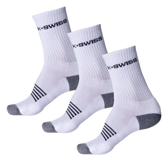 The K-Swiss Crew Sport Socks (3 Pack) - White are showcased, featuring white crew socks with gray heels and toes. Each pair is adorned with black stripes on the sole and the iconic K-Swiss logo on the cuff, and boasts advanced moisture absorption qualities. The socks are neatly displayed in a row against a white background.