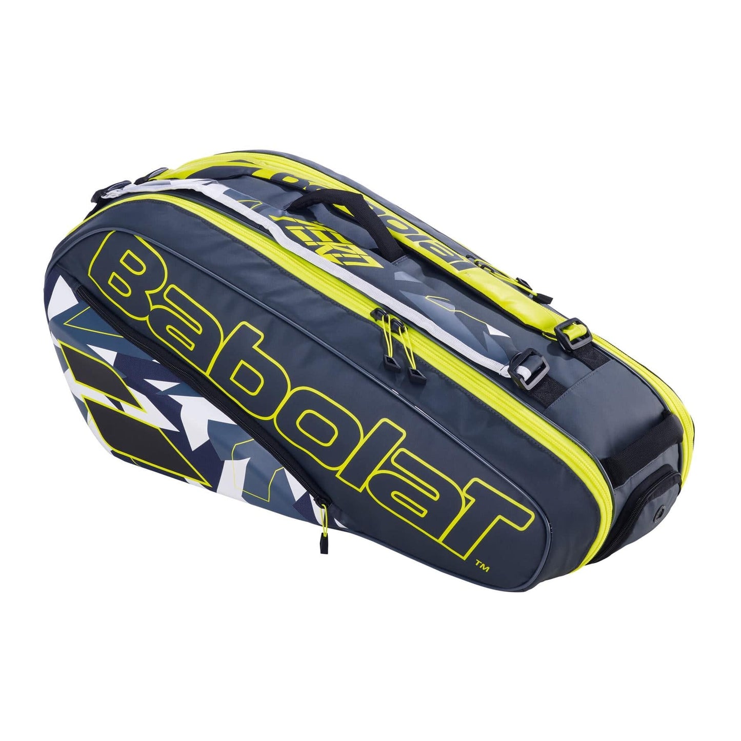 The Babolat RHX6 Pure Aero Tennis Racket Bag in grey and neon yellow features ergonomic design and multiple compartments. With bold "Babolat" branding and geometric patterns in grey and white, it's zipped to help you carry your rackets and gear efficiently.