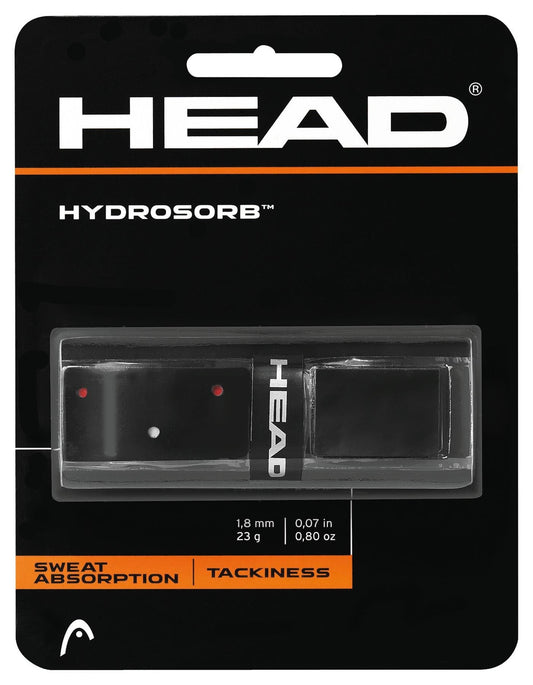 The HEAD HydroSorb Replacement Tennis Grip in Black/Red is presented in a blister pack featuring the brand's prominent logo. It offers excellent sweat absorption and tackiness, providing players with a secure grip during intense matches.