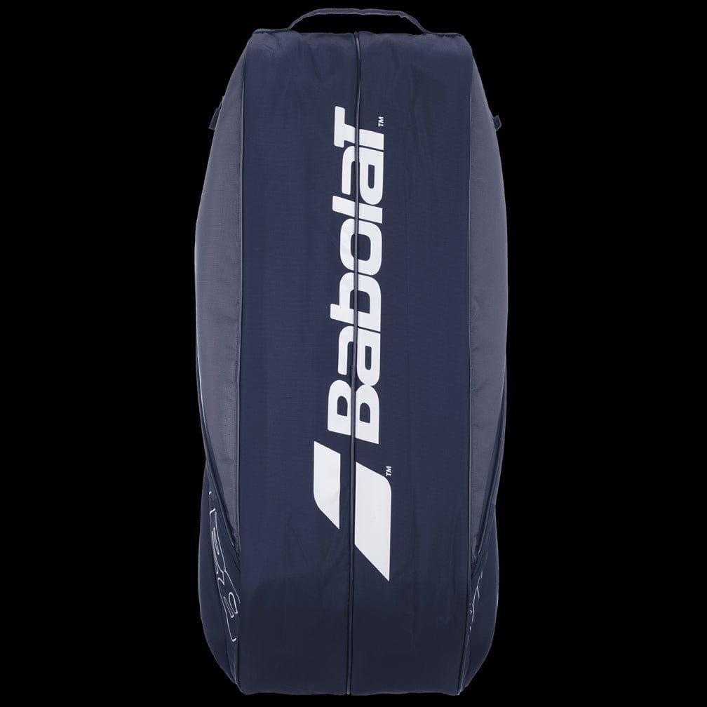The Babolat Evo Court L Tennis Racket Bag in grey and blue showcases a durable design with prominent white "Babolat" branding on the front panel. It features multiple compartments and a top carry handle, all crafted from recycled materials. The bag is elegantly set against a plain black background.
