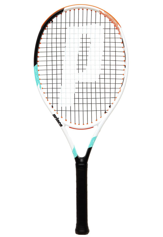 The Prince Tour 26 Tennis Racket - White - G0 by Prince is an excellent choice for junior players. It features a graphite build, a stylish white frame adorned with black strings, and a striking orange and teal design. Additionally, it includes a comfortable black handle designed to enhance precision and style in every game.
