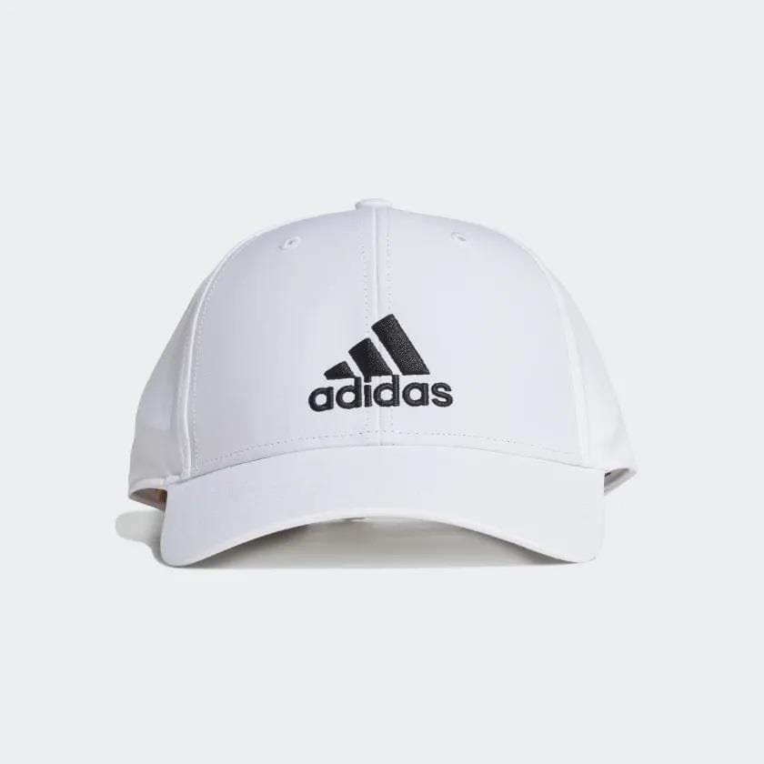 The adidas Lightweight Embroidered Baseball Cap in white showcases the brand's iconic black logo embroidered on the front. This Primegreen cap features a curved brim and noticeable stitching on top, contrasted against a plain, light background.