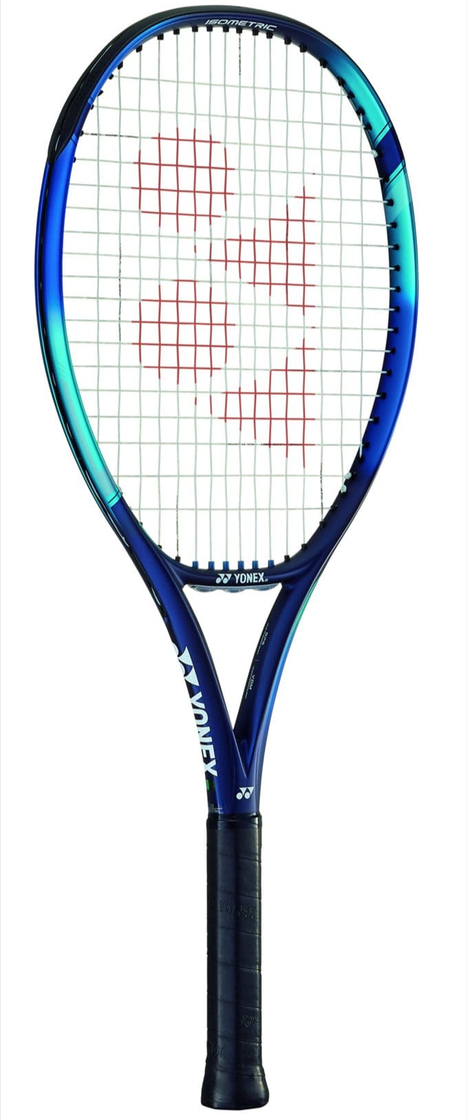 The Yonex EZONE 26 Tennis Racket in Sky Blue features a black handle and white strings, with the iconic Yonex logo in red prominently displayed on the stringbed. This all-graphite junior racket is enhanced with Vibration Dampening Mesh, offering exceptional performance on the court.