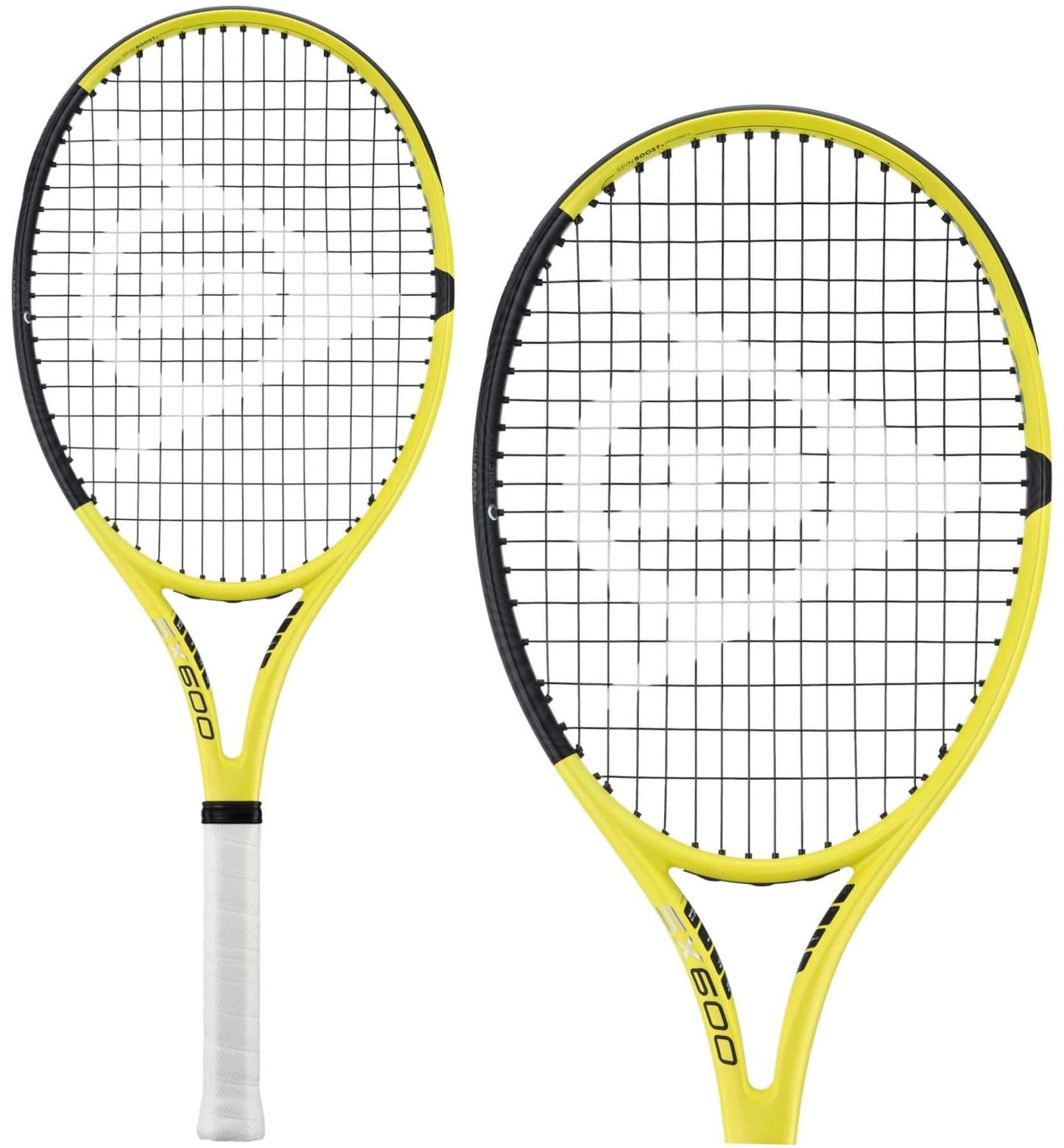 Against a white background, two Dunlop SX 600 Tennis Rackets in yellow and black are displayed. Each racket showcases Spin Boost+ Grommets, a distinct black string pattern, and a white handle adorned with unique branding symbols on the strings.