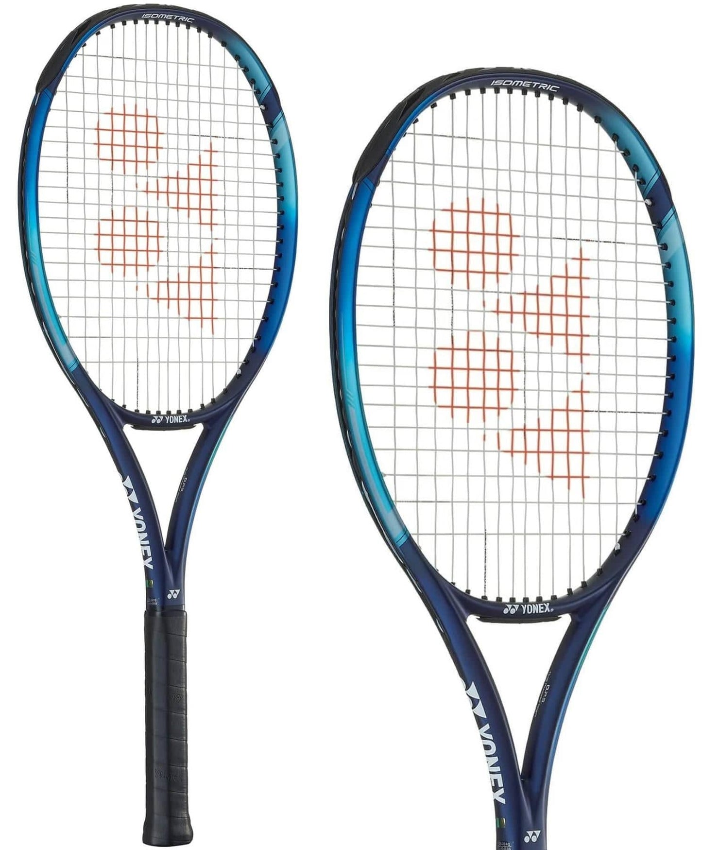 A pair of Yonex EZONE Ace tennis rackets in sky blue, featuring black grips, displays an orange logo on the strings and the "Yonex" brand name on the frame. With their Oval Pressed Shaft design, these rackets provide both power and comfort, arranged side by side to present both front and back views.