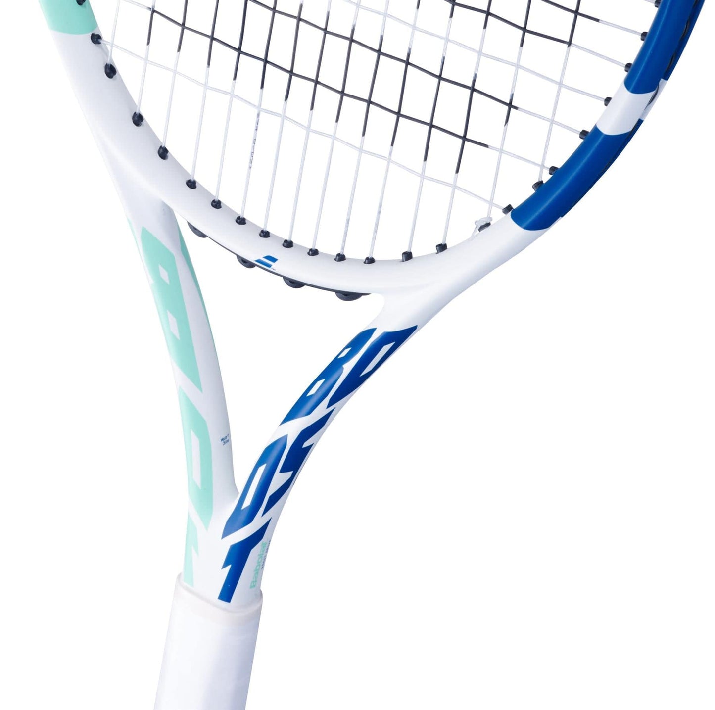 A detailed view of the Babolat Boost Drive W 260g Tennis Racket showcases its lightweight design featuring a white frame with blue accents and black strings. The handle is equipped with a secure grip, and the Full Graphite Construction ensures durability. Bold blue and mint green lettering adorn the pristine white background of the frame.