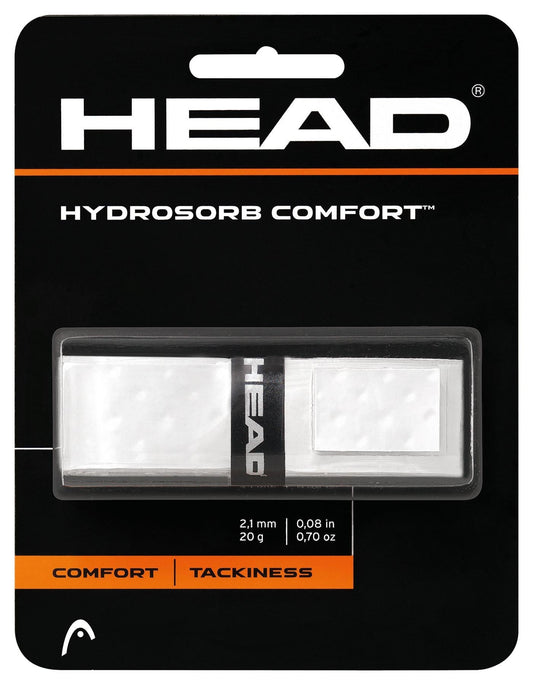 The image displays the HEAD HydroSorb Comfort Replacement Tennis Grip - White in its packaging, highlighting its cushioning properties. This white grip by HEAD is famous for its comfort and tackiness, with dimensions of 2.1 mm thickness and a weight of 20 g.