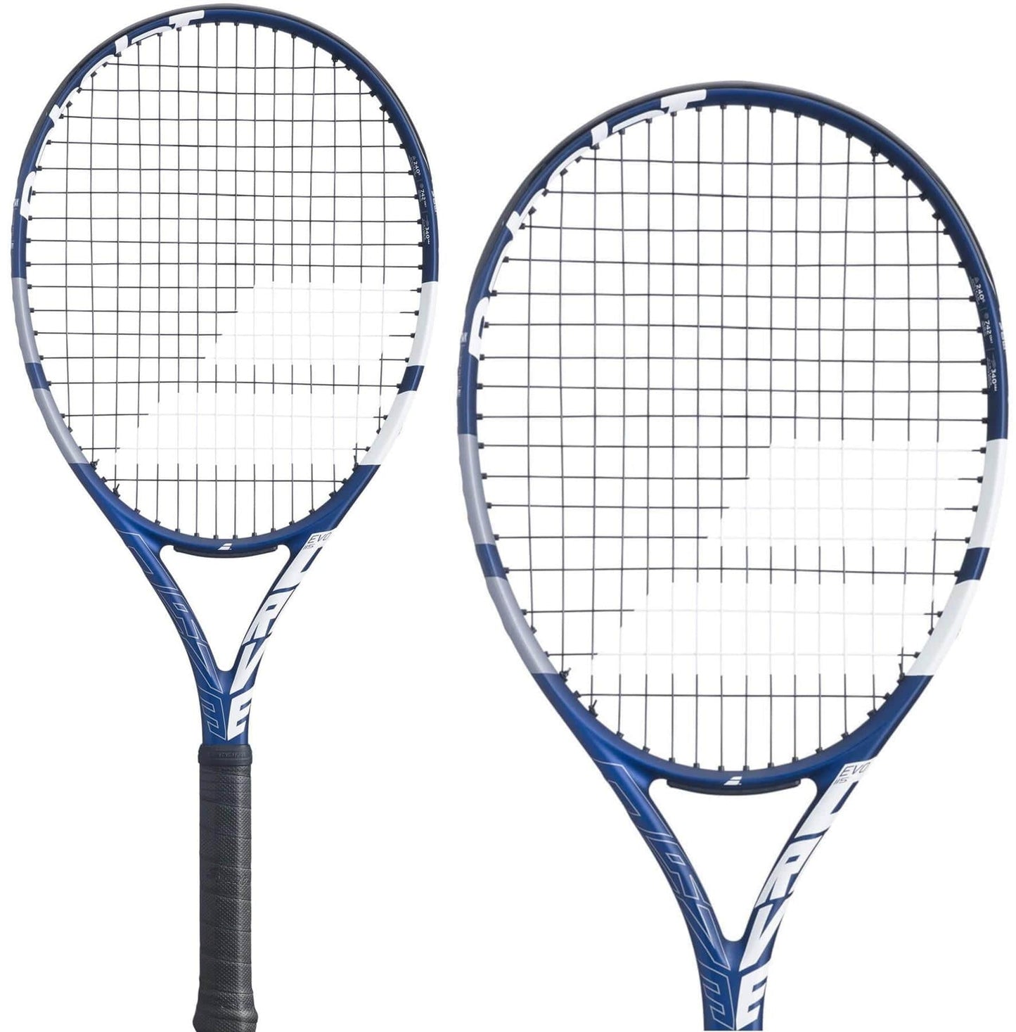 Two Babolat EVO Drive 115 tennis rackets in dark blue, featuring black handles, are displayed next to each other. Designed for intermediate-level players, these lightweight and powerful rackets showcase a grid pattern on the strings and an elegant design, with the Babolat logo prominently visible on both the strings and frame.