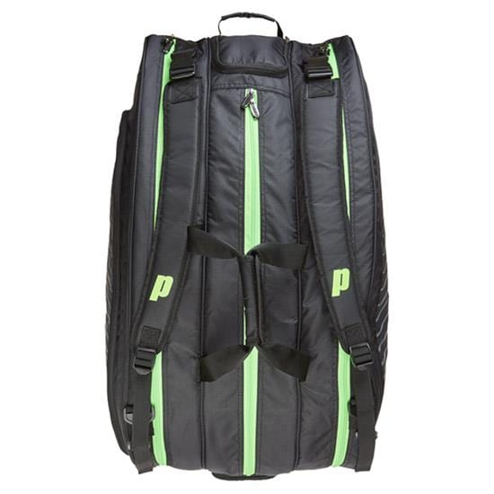 Introducing the Prince Tour Challenger 9 Racket Tennis Bag in black, designed for functionality and style. This tennis bag features multiple compartments with visible zippers and adjustable straps for convenience. It includes a pair of handles, with prominent "P" logos on the sides, and is equipped with a thermal protective lining to ensure your racket stays in perfect condition.
