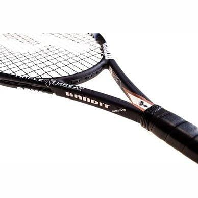 Close-up of the Prince Bandit 110 Original 255g tennis racket, a lightweight black racket ideal for intermediate players. The strings form a crisscross pattern, and the grip is wrapped with black material. Its sleek design features Triple Threat Technology and displays the Prince logo near the handle.