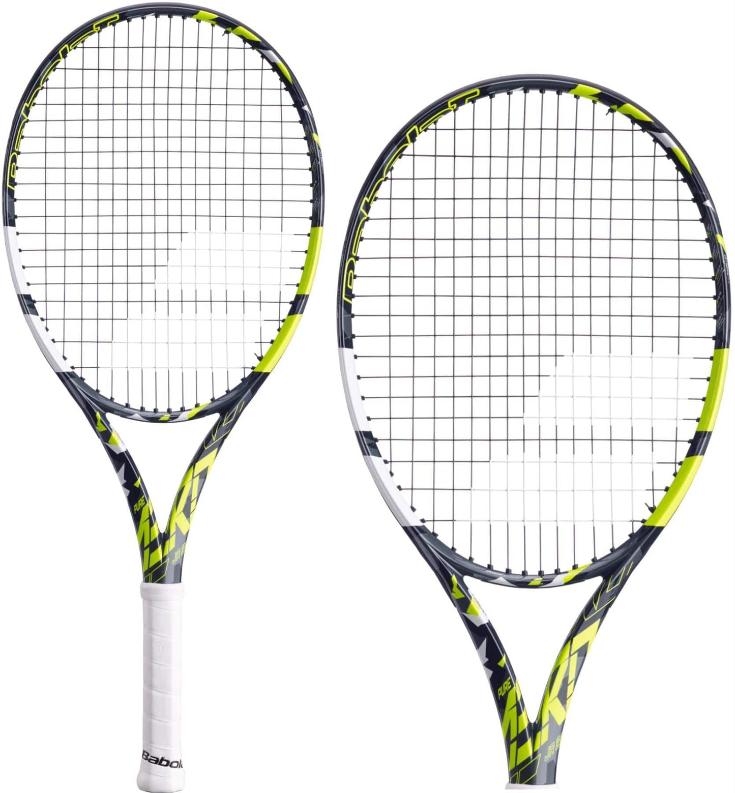 Two Babolat Pure Aero Junior 26 tennis rackets in grey and yellow, featuring aerodynamic frames and white grips, are showcased against a white background. The rackets highlight a patterned design with tightly strung strings, enhancing spin technology for improved performance.