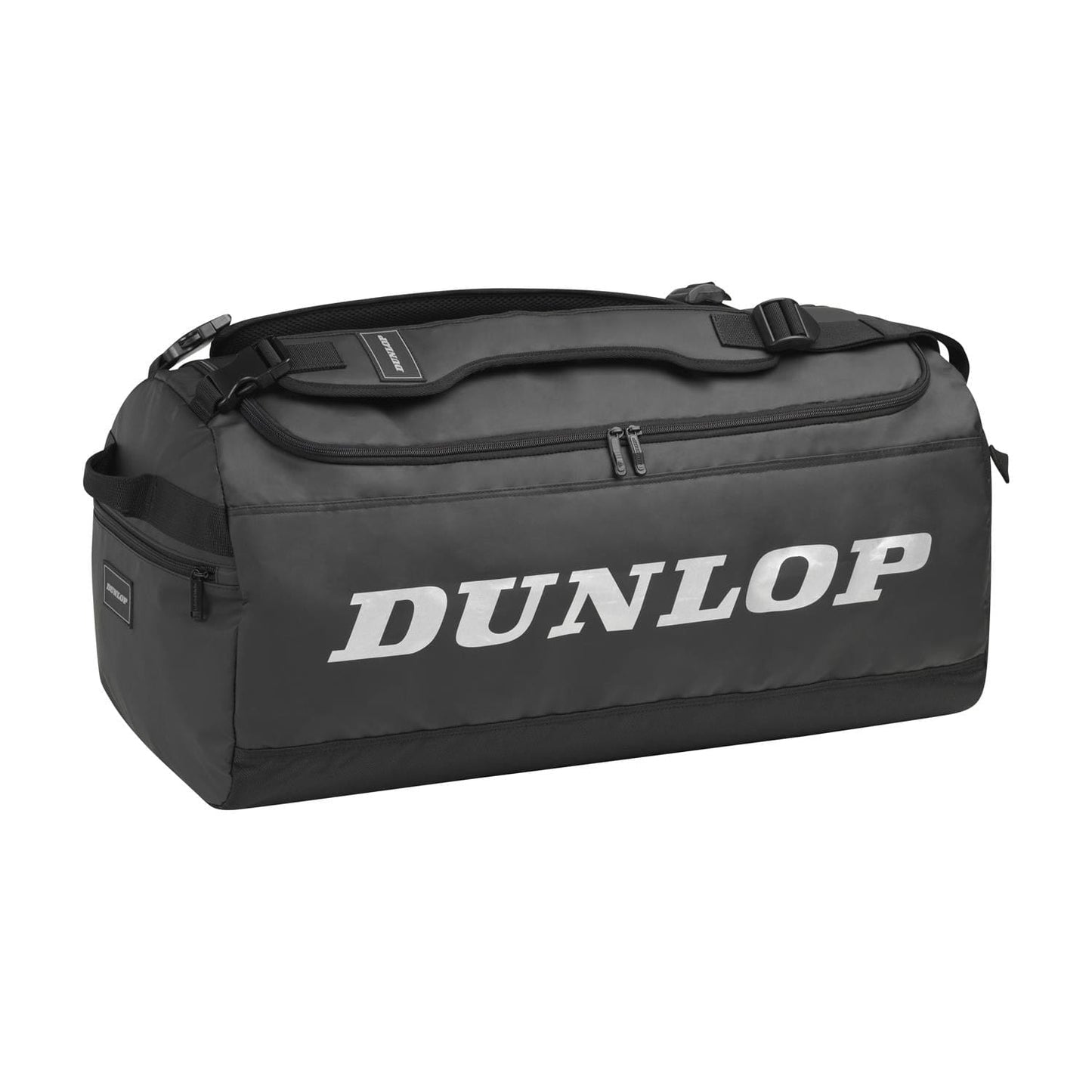 The Dunlop Pro Holdall Tennis Bag - Black, from the brand Dunlop, is a perfect tennis gear bag that features an elegant black design accented with bold white lettering of "Dunlop." It includes several zippers and ergonomic shoulder straps for improved comfort during travel.