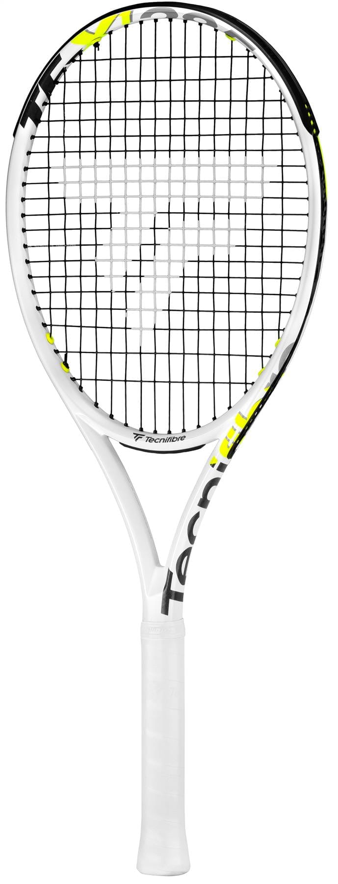 A white Tecnifibre TF-X1 285 tennis racket, featuring black strings and yellow accents, delivers unmatched POWER and STABILITY. The word "Tecnifibre" is prominently displayed on the frame.