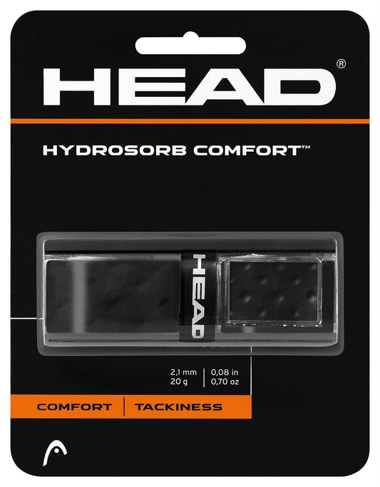 The packaging for the HEAD HydroSorb Comfort Replacement Tennis Grip - Black highlights its cushioning features to enhance gameplay. It has product dimensions of 2.1mm and weighs 20g or 0.70 oz with a thickness of 0.08 inches. The sleek black package features white text and prominently displays the iconic HEAD logo.