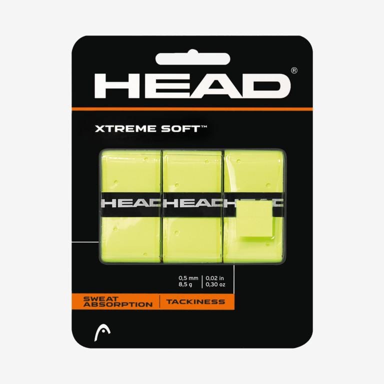 This pack of HEAD Xtreme Soft Tennis Overgrip in vivid yellow features three grips that are engineered for maximum sweat absorption and superior tackiness. Measuring 0.5 mm in thickness and weighing 8.5 g, these overgrips offer a secure grip on your tennis racket.