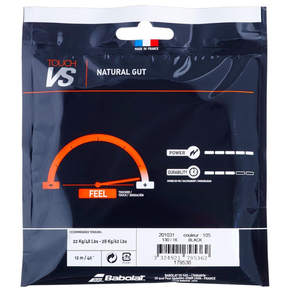 A set of Babolat Touch VS Natural Gut Tennis Strings in black, renowned for delivering comfort and power, highlights tension recommendations along with features like durability. The gauge indicator emphasizes "feel" sensitivity and the length is 12m.
