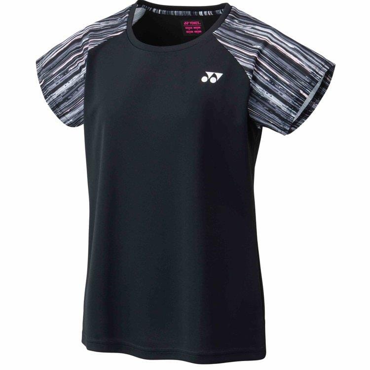 The Yonex 16574 Women's T-Shirt in Black is a stylish athletic top that showcases short sleeves with modern patterns in gray and white shades. Crafted from quick-dry fabric, it provides superior comfort through its sweat-absorbing features. The design is completed with a small white Yonex logo on the front, adding a fashionable touch.