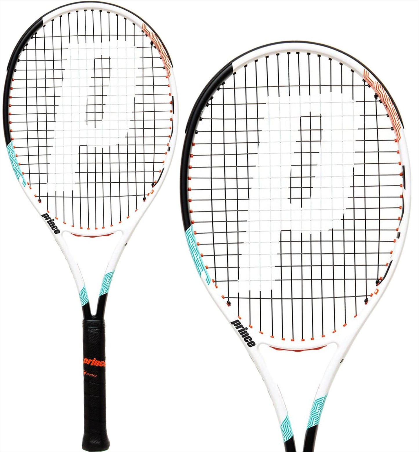 The pair of Prince Tour 100 290g Tennis Rackets, featuring white frames with turquoise accents, delivers power and precision. Each racket is equipped with a black grip and showcases a prominent large white "P" on the strings to indicate the Prince brand. Against a plain white background, these rackets provide excellent control and feel for every swing.
