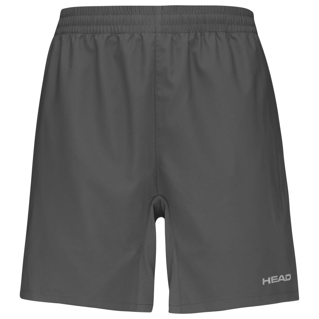 Antracite grey HEAD Club men's tennis shorts with an elastic waistband, featuring the "HEAD" logo in white on the lower left side. Perfect for tennis enthusiasts, these shorts include MXM Technology to ensure optimal performance and comfort on the court.