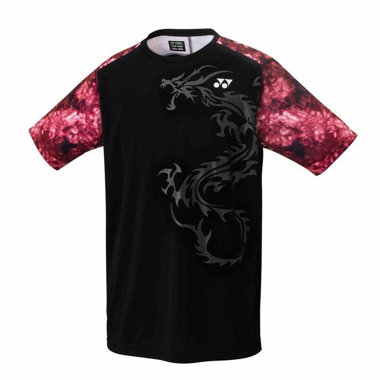 Introducing the Yonex 16572 Mens T-Shirt - Black: a stylish black tee adorned with red and white speckled sleeves, showcasing an elegant black dragon design that sweeps gracefully from the bottom to the top left shoulder. Enjoy unparalleled comfort with its sweat-absorbing and quick-dry fabric, ideal for any active occasion.