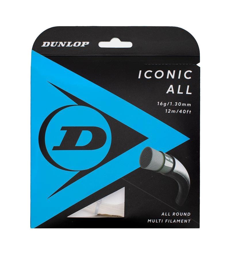 The packaging of the Dunlop Iconic All Tennis String 12m Set - Natural highlights its balanced performance with a nylon multifilament construction. It displays a color scheme of blue and black, features a stylized "D" logo, and provides information regarding the string gauge and length on the front.