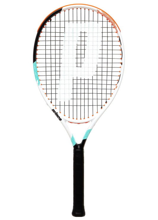 The Prince Tour 25 Tennis Racket - White - G0 is ideal for junior players, showcasing a white graphite frame paired with black strings and grip. It includes vibrant red and cyan accents and the iconic "P" logo. The throat prominently displays the Prince branding, making it a stylish yet performance-oriented choice.