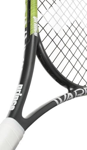 Close-up image of the Prince Warrior 100 300g Tennis Racket, featuring a sleek graphite frame with green accents and white strings. The Prince logo is elegantly displayed on the lower part of the frame, while the grip is wrapped in white tape, perfect for baseline power.
