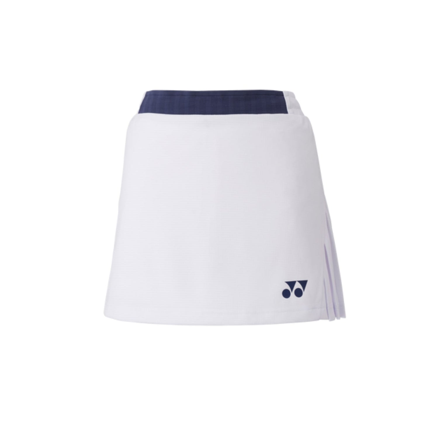 The Yonex 26094 Women's Skort from Yonex boasts a sleek white design with a navy waistband and a small navy logo near the hem. It features slight side pleats for style and includes UV reduction for enhanced comfort, set against its plain white background.