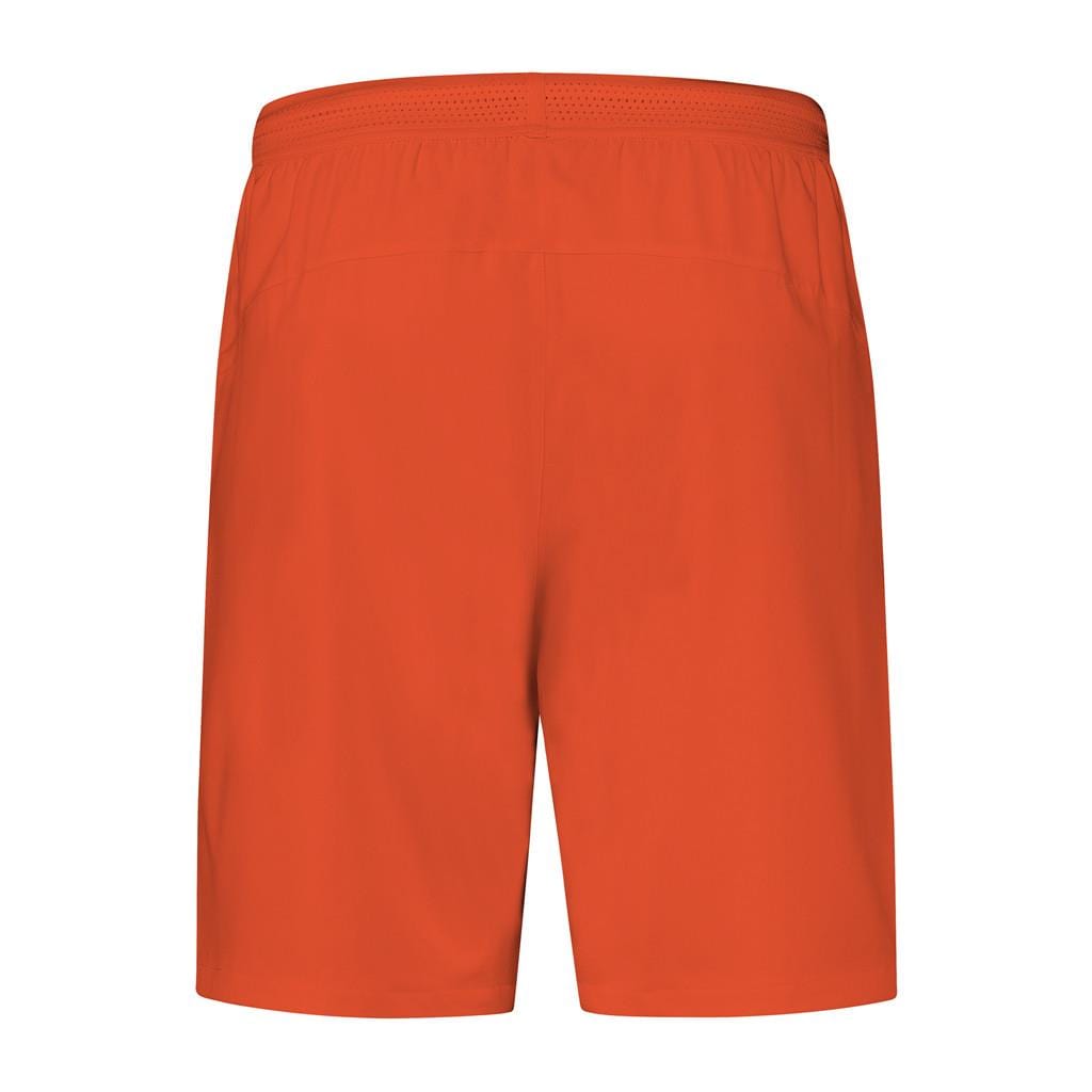 The back view of the Spicy Orange K-Swiss Hypercourt Men's Tennis Shorts displays a classic design. Featuring an elastic waistband and subtle vented detailing, these shorts are made from lightweight fabric, ideal for staying cool during intense matches.