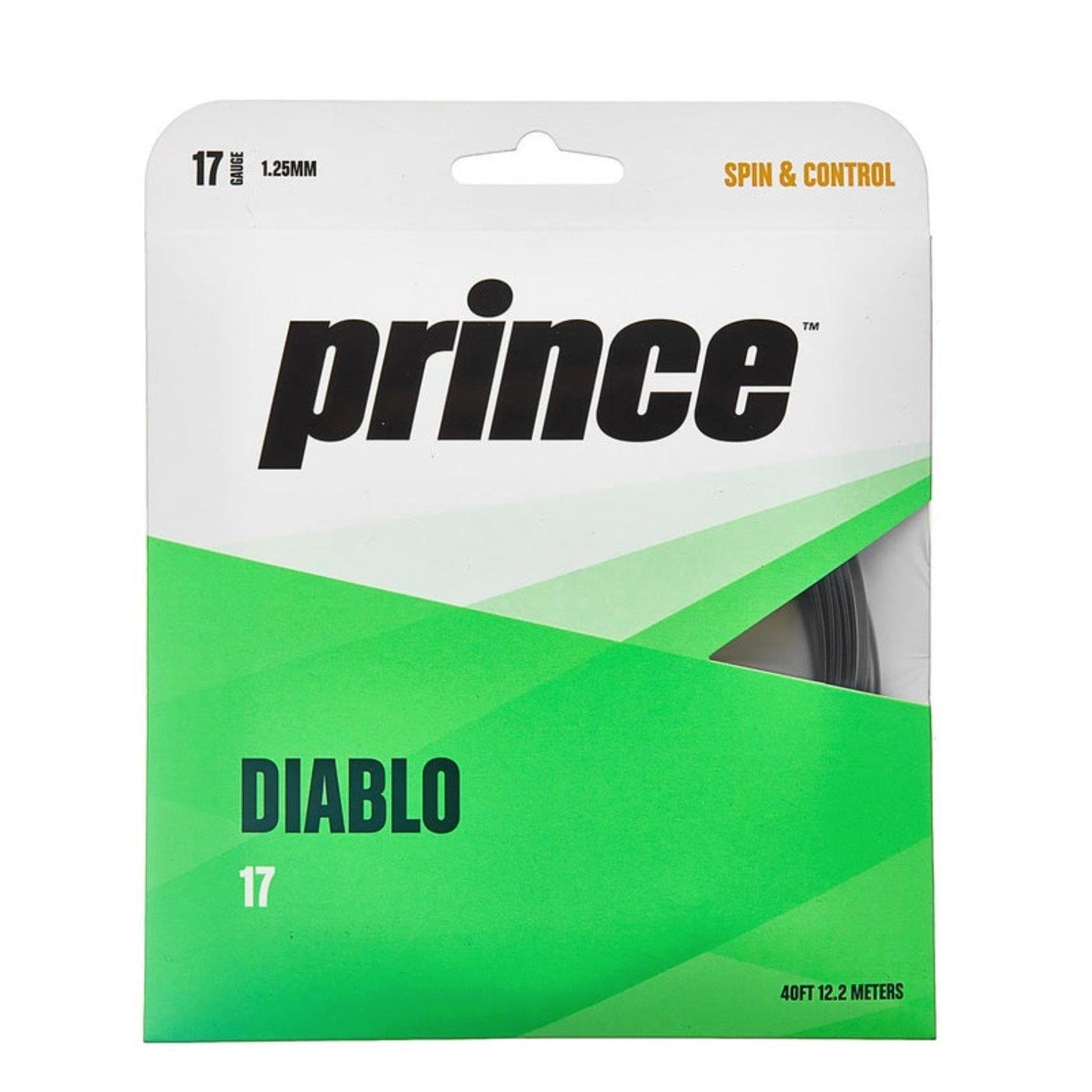 The Prince Diablo Black String Set features packaging with "Spin & Control," making it ideal for intermediate to advanced players looking for enhanced spin. It is available in white and green with bold black lettering, measures 40 ft (12.2 meters) in length, and has a thickness of 1.25 mm.