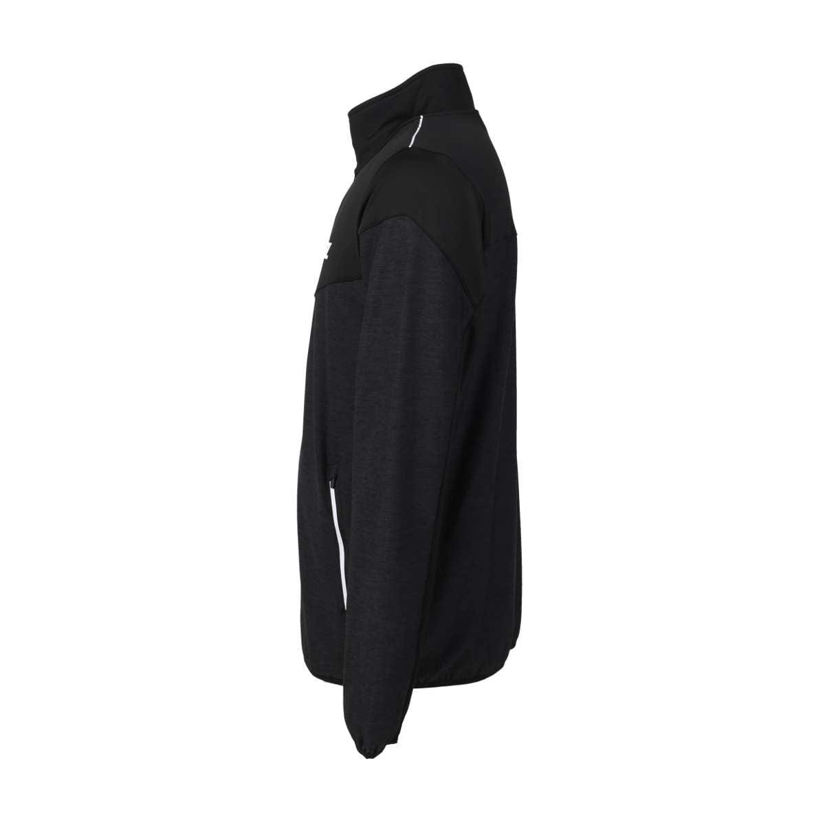 Side view of the FZ Forza Bradford Jacket in black, a warm zip-up jacket with a high collar ideal for chilly tournament days. It showcases contrasting black shoulders and upper sleeves, seamlessly blending style and comfort.