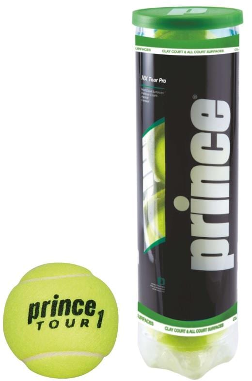 A tube of Prince NX Tour Pro Tennis Balls - 4 Ball Tube is prominently displayed upright, highlighting its Hi-Vis felt. Beside it, a single yellow ball featuring the "Prince NX Tour Pro" branding is presented, ready for play.