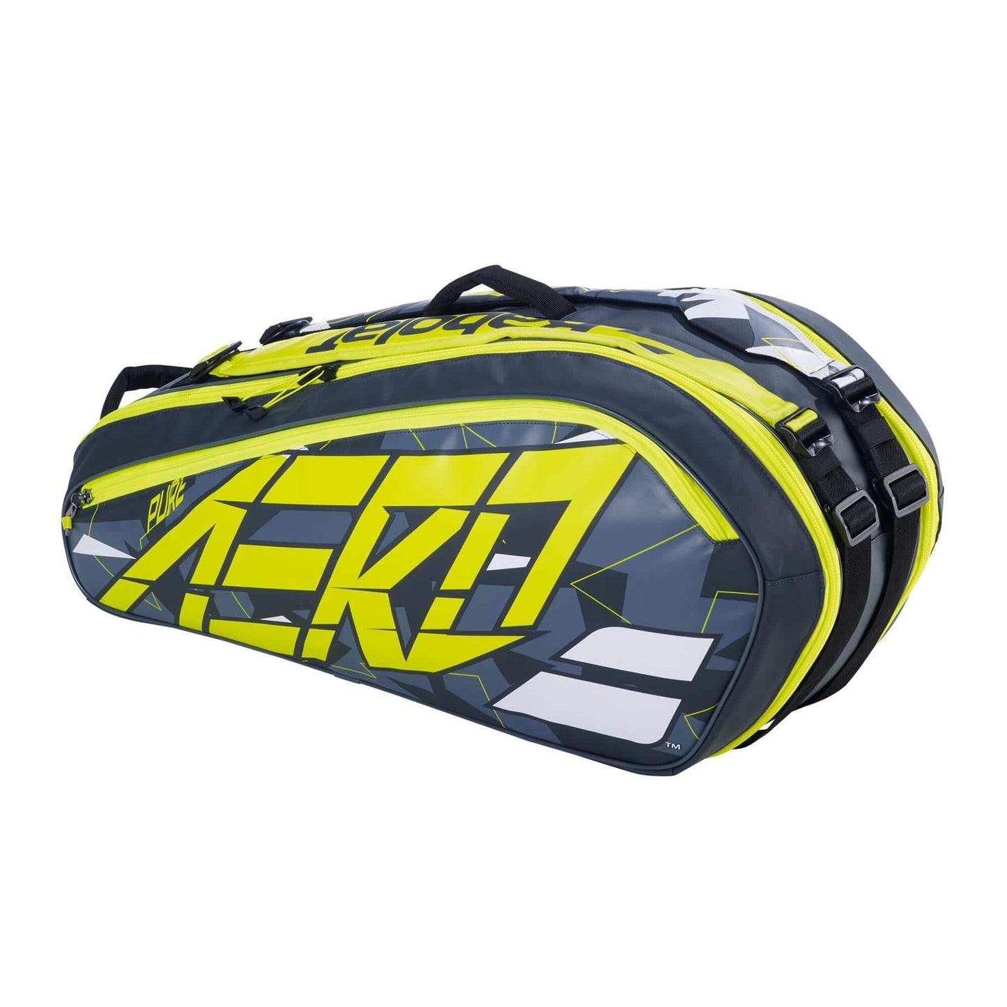 This Babolat RHX6 Pure Aero Tennis Racket Bag comes in a sleek grey and vibrant yellow color scheme. The side prominently features the word "Aero" in large yellow letters. Designed with ergonomics in mind, this bag is spacious enough to comfortably hold multiple racquets and equipment.