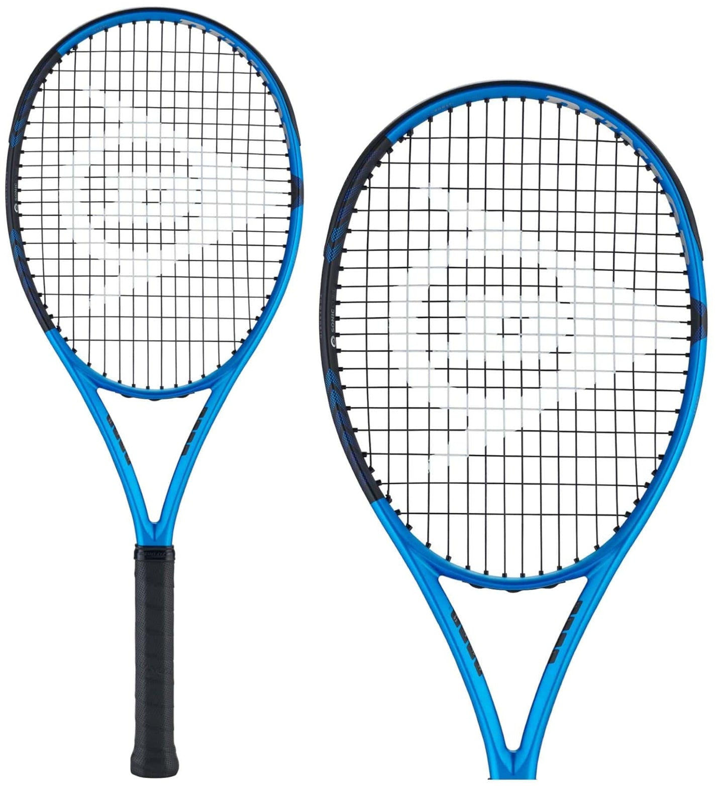 Displayed are two Dunlop FX 500 LS 2023 tennis rackets in a striking blue and black color scheme. Featuring a large white logo on the strings and complemented by black grips, these rackets cater to advanced level players aiming for precision and power. One racket is shown from the front, while the other is angled to highlight its design elegance.