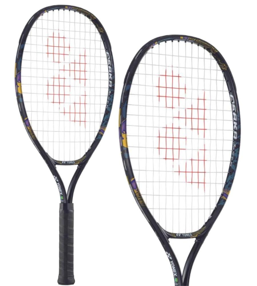 Two Yonex Osaka Junior 23 tennis rackets with gold and purple frames and grip handles, showcasing the distinctive red string patterns of the Yonex Osaka Junior series. The "Yonex" brand is prominently displayed on the side. Designed for aspiring champions like Naomi Osaka, they stand upright, angled slightly towards each other.