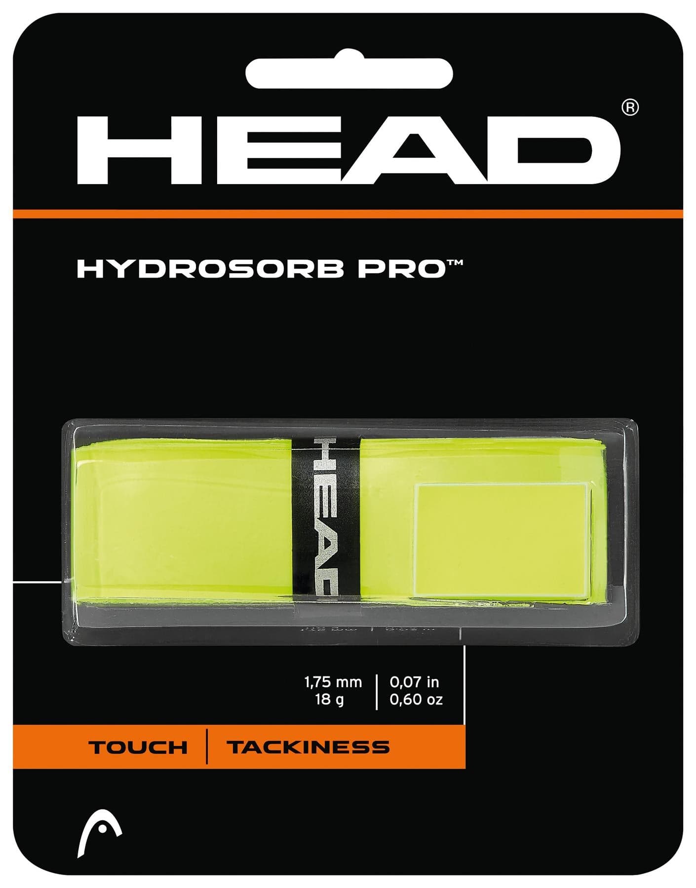 Packaging for the HEAD HydroSorb Pro Replacement Tennis Grip in yellow. The label details its thickness of 1.75 mm and weight of 18 g, highlighting its excellent sweat absorption. It features touch and tackiness, making it ideal for players seeking superior performance.