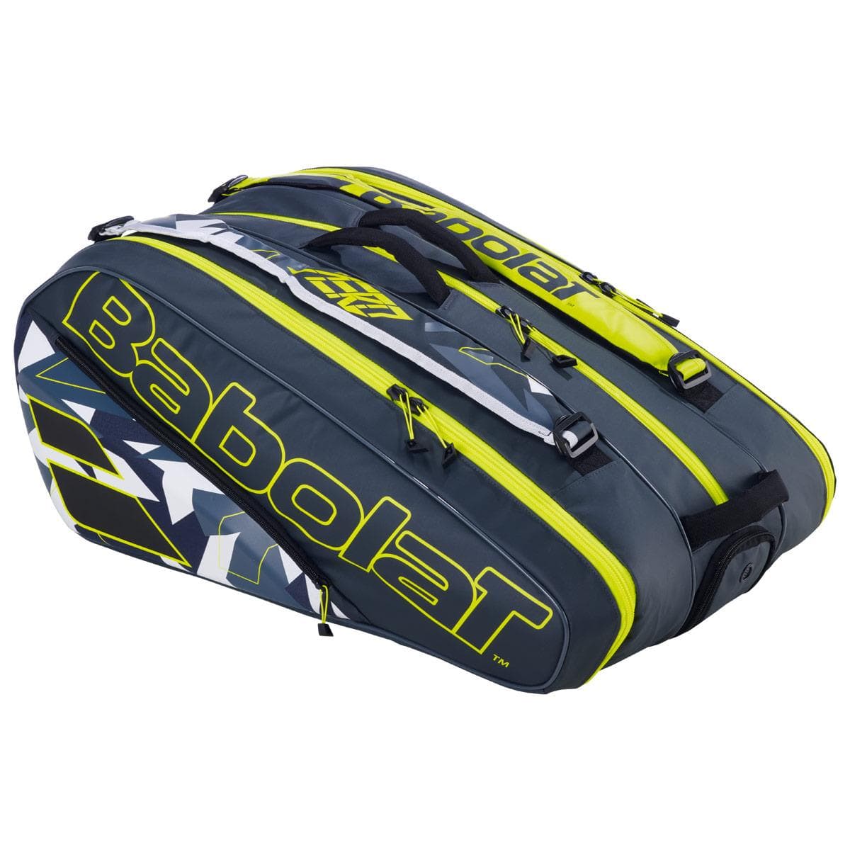 The Babolat RHX12 Pure Aero Tennis Racket Bag in grey and yellow features a stylish design with plenty of storage space, including numerous compartments and zippers. From the side view, it prominently showcases the iconic Babolat logo.