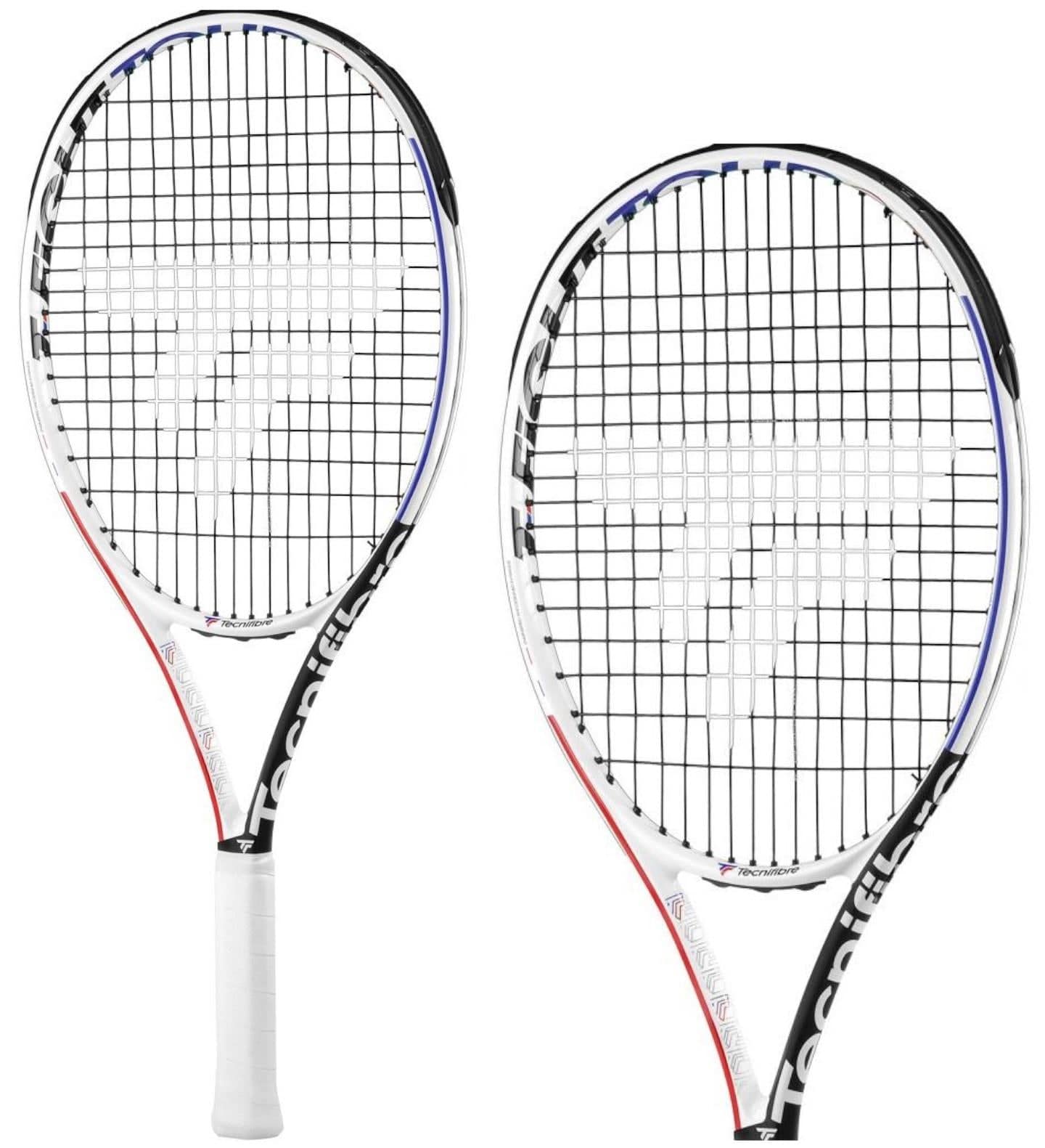 Two Tecnifibre T-Fight 25 Tour Junior Tennis Rackets in white, featuring black strings and accents of black, red, and blue. Made from graphite for superior durability, the frame is emblazoned with "Tecnifibre" along the side. The strings display a logo pattern for a unique style.
