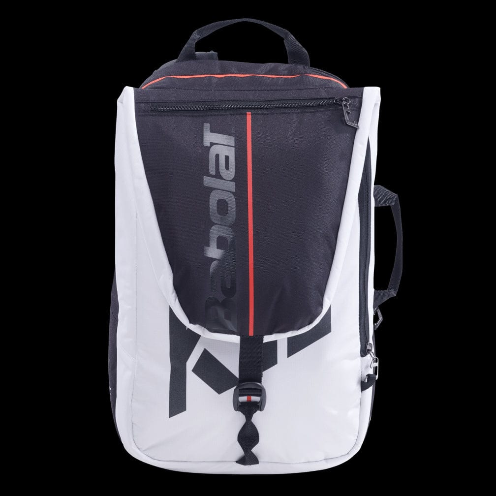 Discover the Babolat Pure Strike Tennis Backpack in a stylish white and red design. With the iconic "Babolat" logo and a striking vertical stripe, this backpack is your essential tennis companion. It features multiple compartments, including an isothermal insulated one, to keep your gear ready for action.