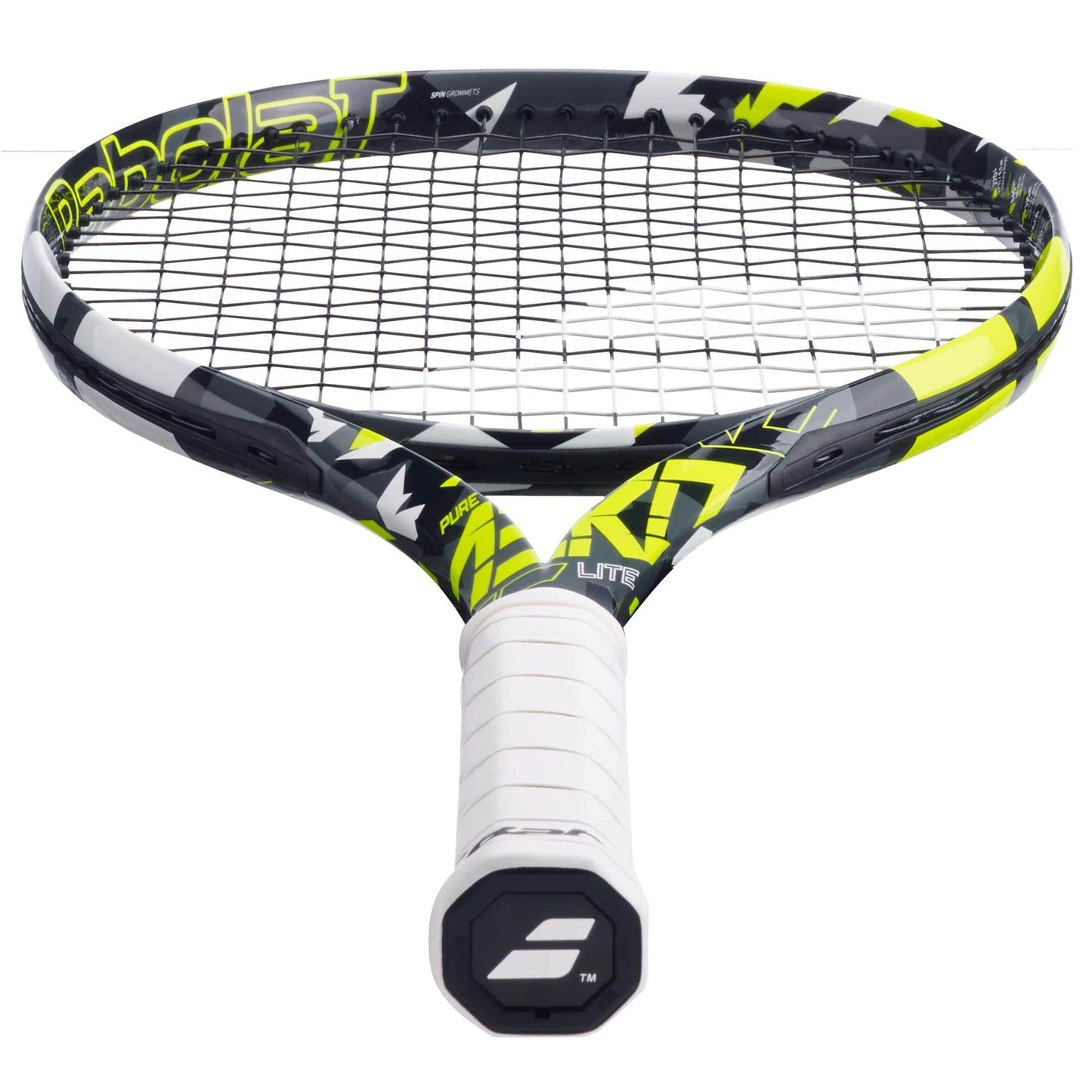 A grey and yellow Babolat Pure Aero Lite 2023 tennis racket, featuring a distinct white grip and viewed side-on. The handle showcases the brand's logo, emphasizing its FSI Spin Technology that turns it into an exceptional spin machine.