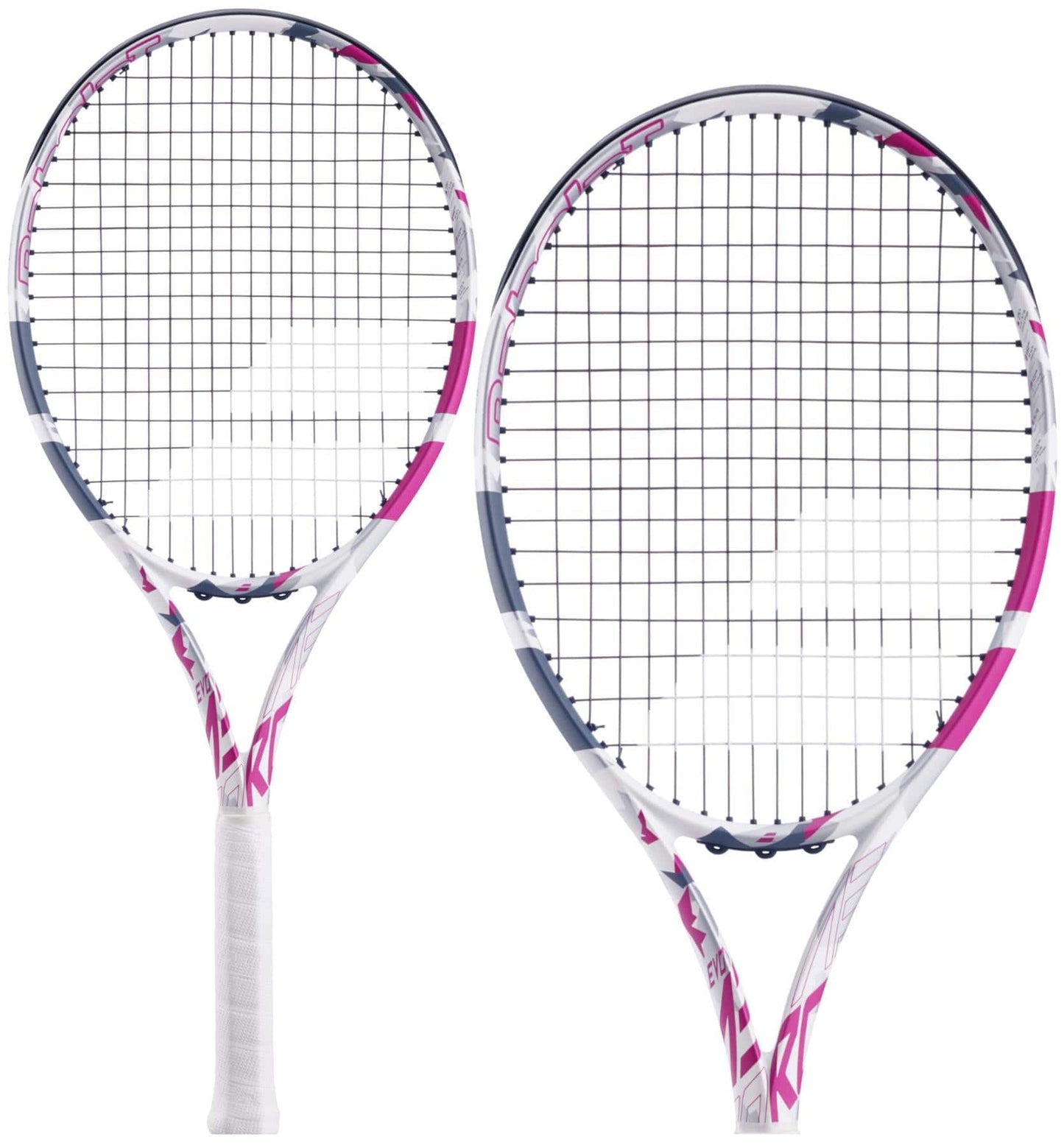 A pair of Babolat EVO Aero Tennis Rackets in pink and white, featuring a white grip handle and a crisscross string pattern on the head, provide easy spin along with power and comfort.