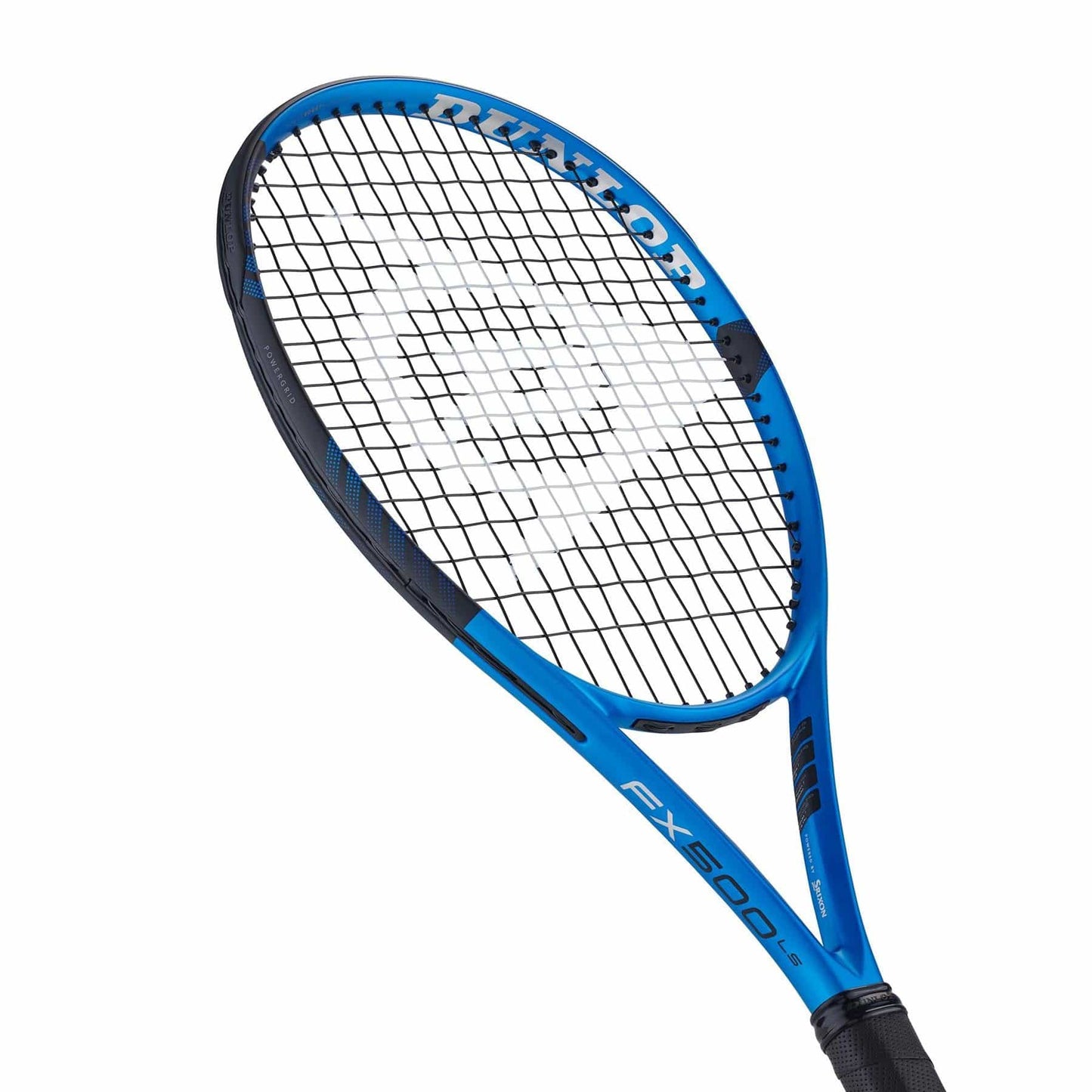 A close-up of the Dunlop FX 500 LS 2023 Tennis Racket in blue and black, crafted for advanced players. The frame-only design showcases tightly strung strings with black accents. It features a black handle with a textured grip, ideal for precision play.