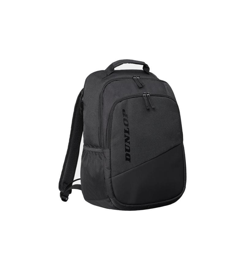 Displayed is the Dunlop Team Tennis Backpack - Black, featuring multiple compartments, zippers, a top handle, padded shoulder straps, and a side mesh pocket. The brand "Dunlop" is vertically printed on the front pocket, ensuring excellent racket protection for players on the go.