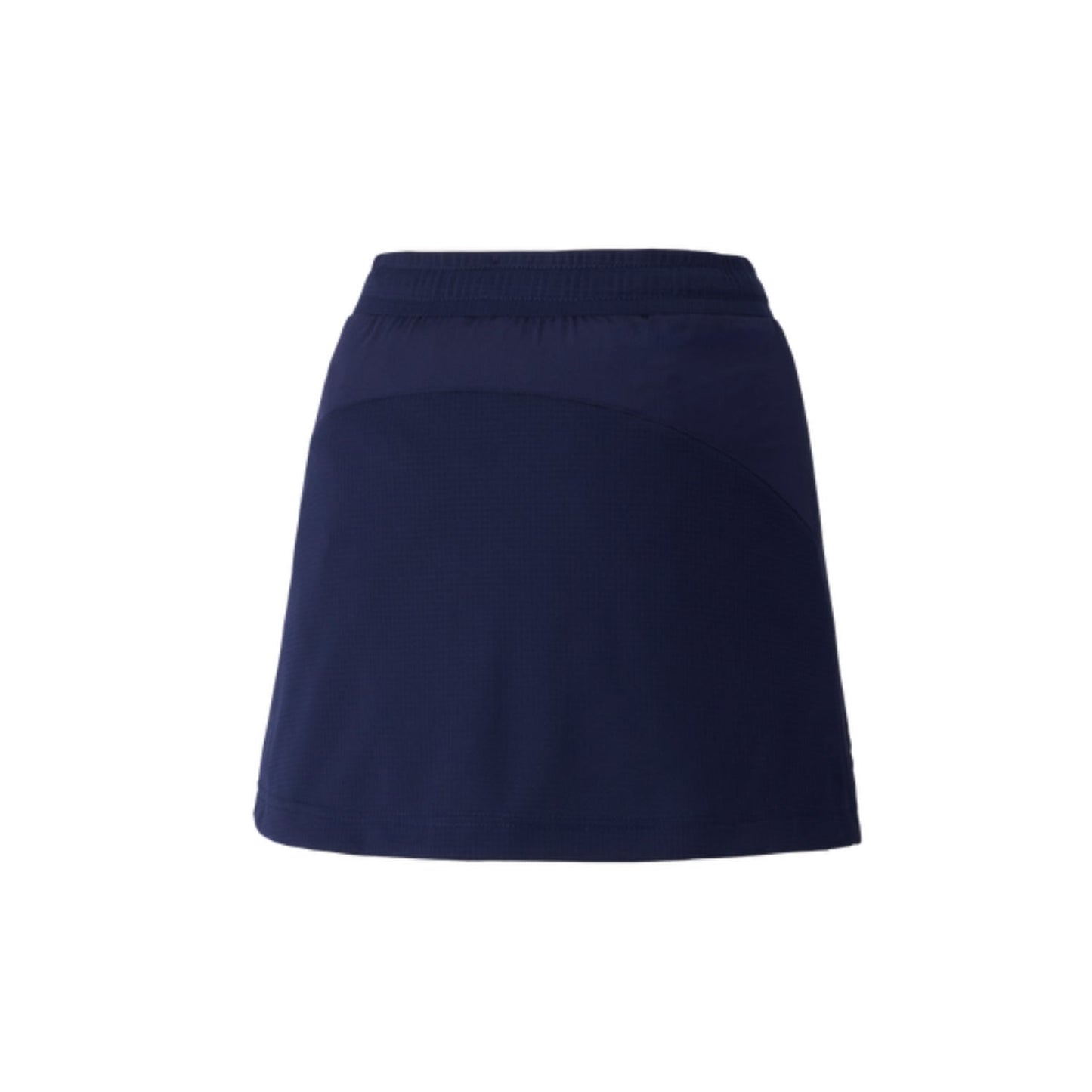 The Yonex 26094 Women's Skort by Yonex showcases a high-waisted, navy blue pleated design with a subtle A-line silhouette, incorporating VERY COOL TECHNOLOGY for maximum comfort, all set against a simple white backdrop.
