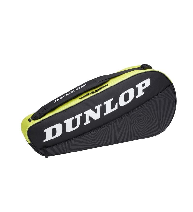 The Dunlop SX-Club 3 Racket Tennis Bag in black and yellow showcases a prominent logo on the side. Crafted to comfortably accommodate your rackets, this stylish bag features a convenient zipper closure on the top.