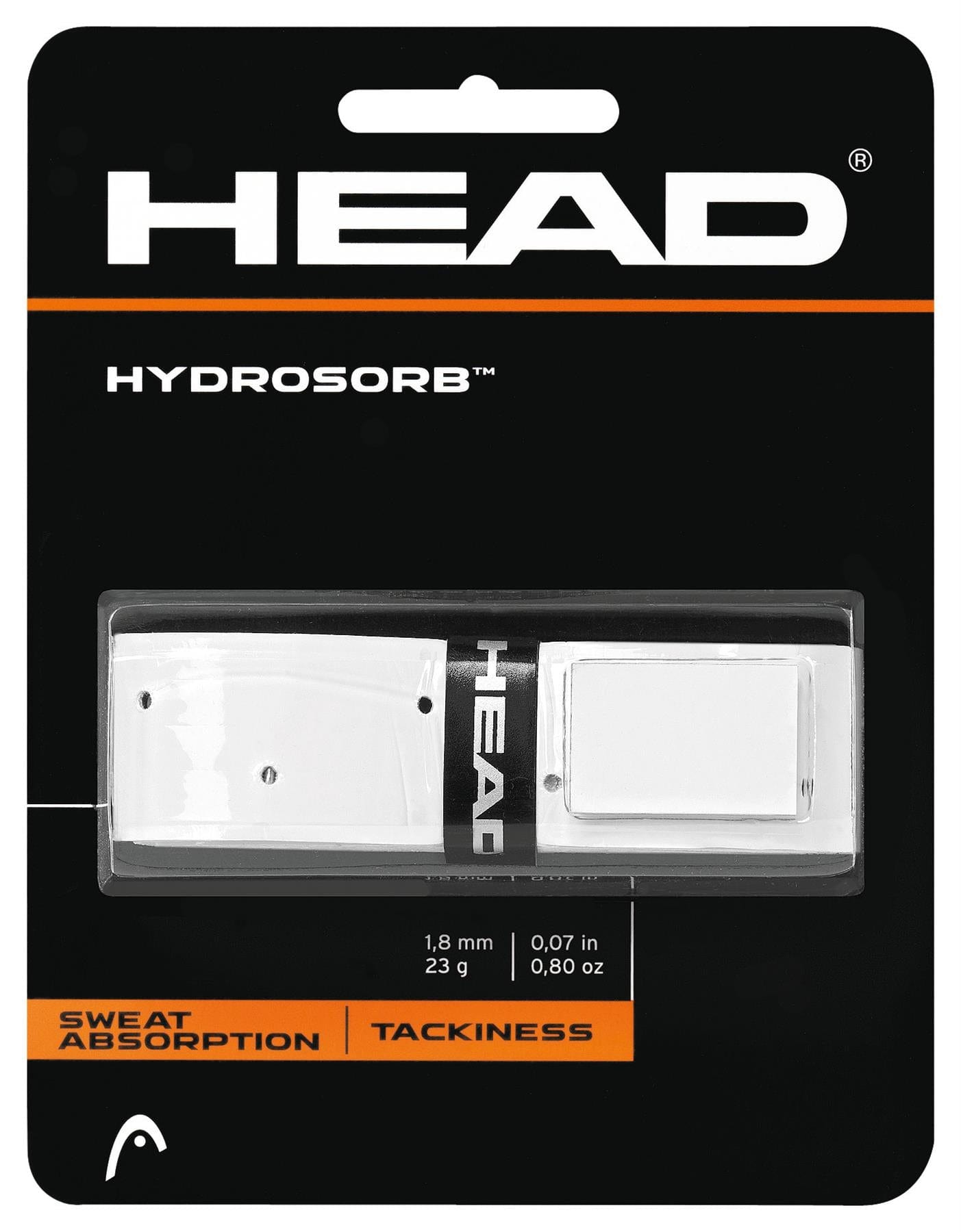 The HEAD HydroSorb Replacement Tennis Grip in white is designed for high sweat absorption and tackiness, providing a secure grip. It has a weight of 23 grams and a thickness of 1.8 mm. The packaging features an elegant black background with bold orange text at the bottom.