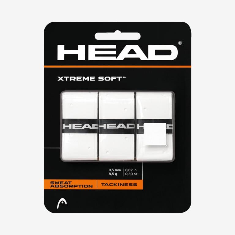 The HEAD Xtreme Soft Tennis Overgrip (3 Pack) in white features three overgrips with a tacky surface and black branding. With "Sweat Absorption" and "Tackiness" as highlighted features, it ensures enhanced grip performance.