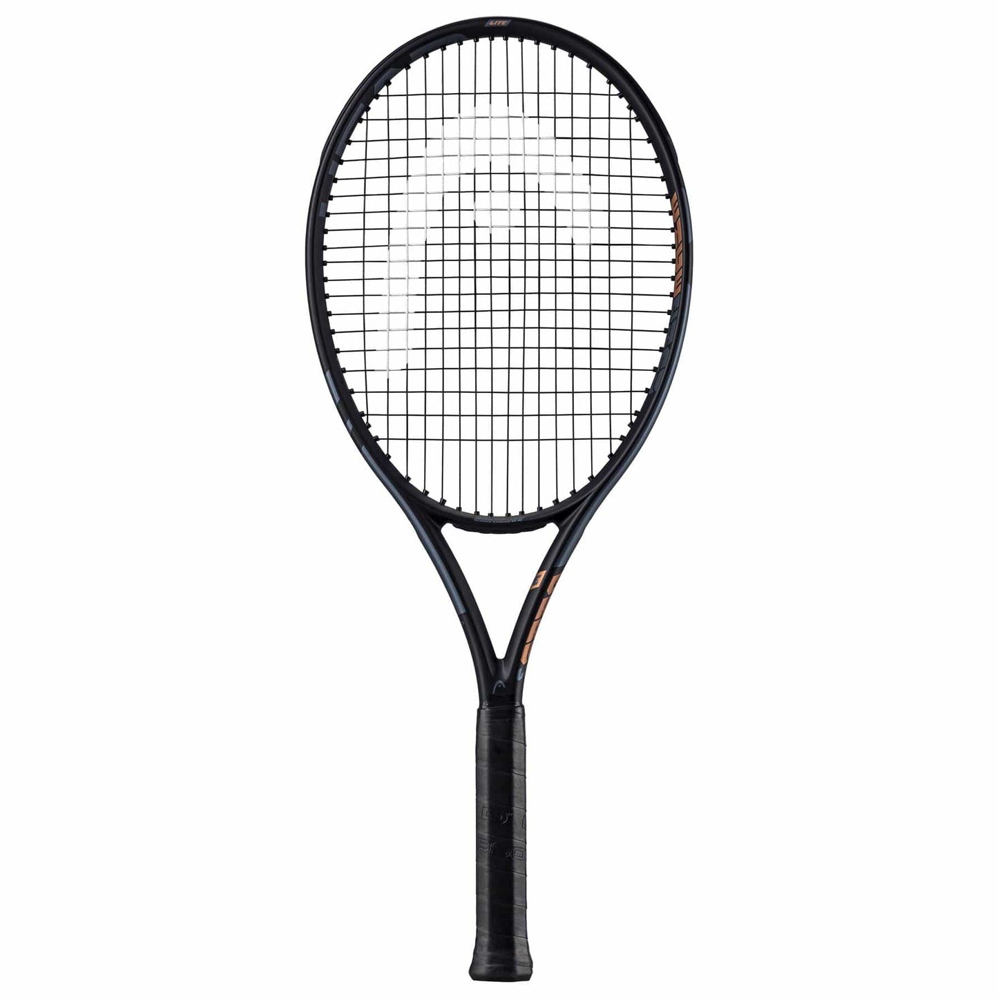 The HEAD IG Challenge Lite Tennis Racket in copper, crafted with graphite construction, showcases a crisscross string pattern and a textured grip handle, making it ideal for beginner players. It is presented elegantly against a plain white background.