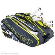 The Babolat RHX12 Pure Aero Tennis Racket Bag in grey and yellow offers a stylish design with plenty of storage space, showcasing rackets featuring white grips inside.