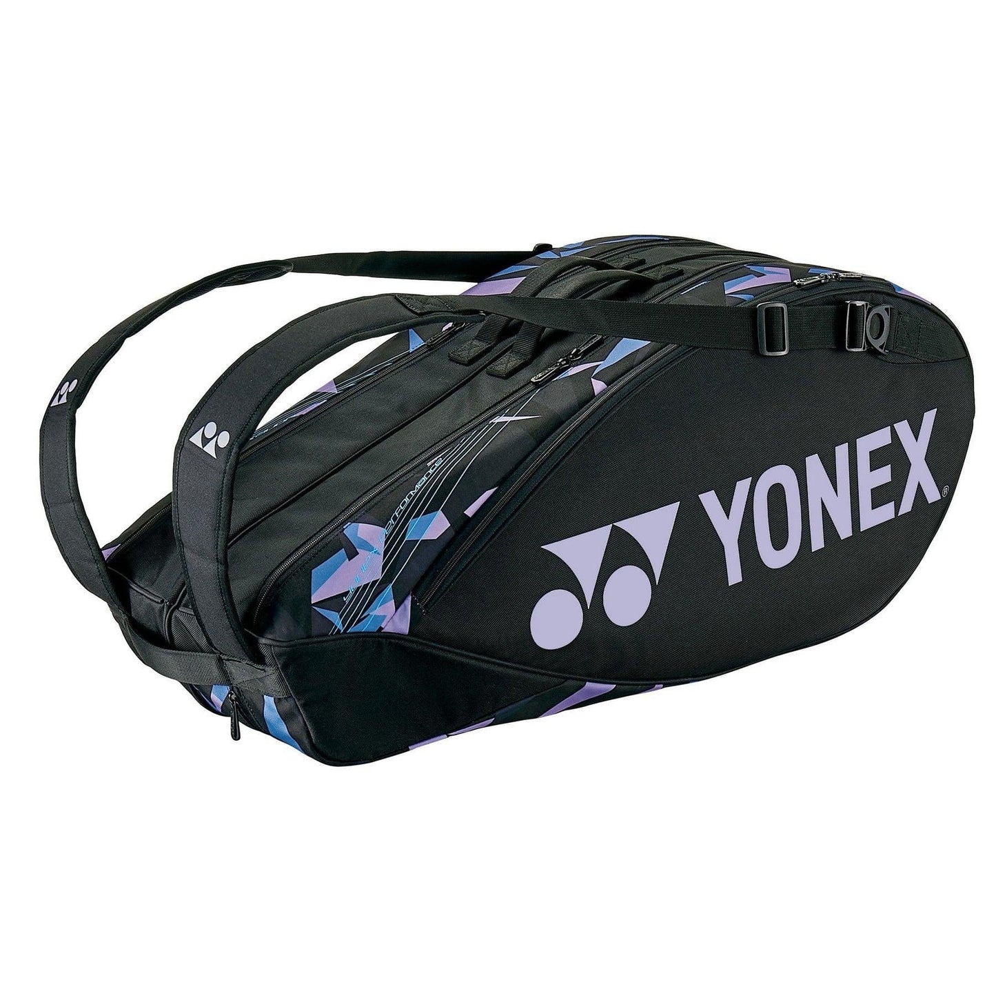 A mist purple Yonex 92226EX Pro racket bag showcasing a vibrant geometric pattern. It features adjustable shoulder straps and a spacious zippered compartment, prominently displaying the Yonex logo in white.
